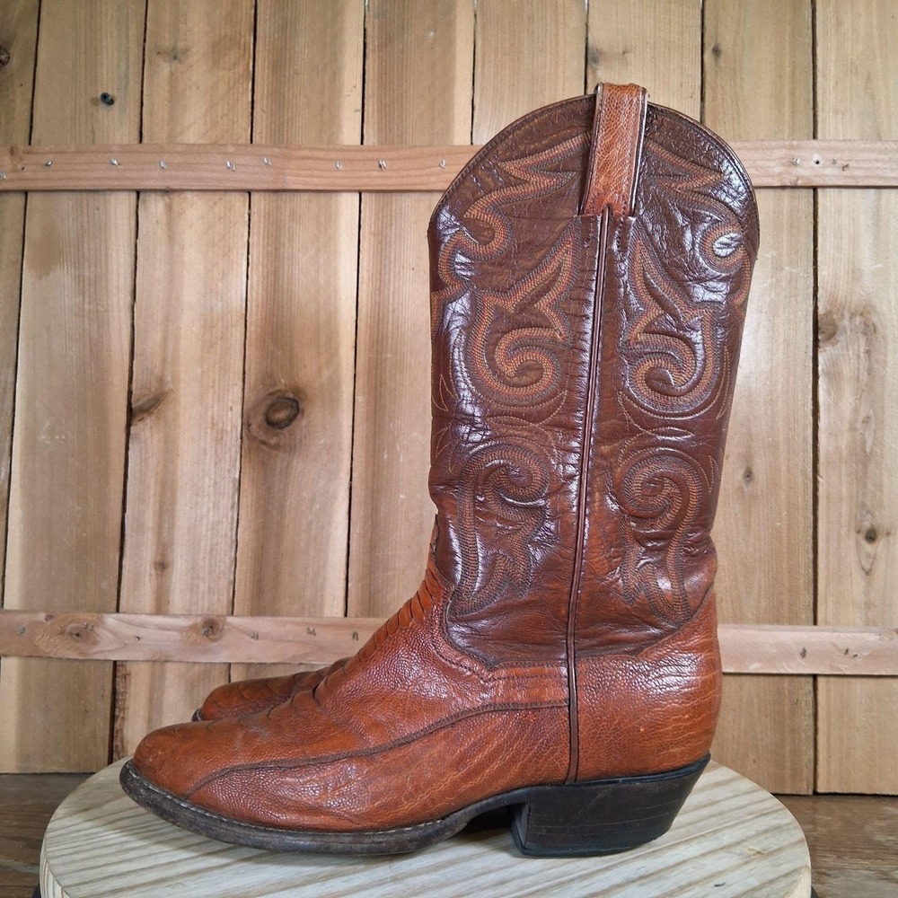 Vintage Panhandle‎ Slim Ostrich Leg Boots Mens 9 D Brown Exotic Western Cowboy